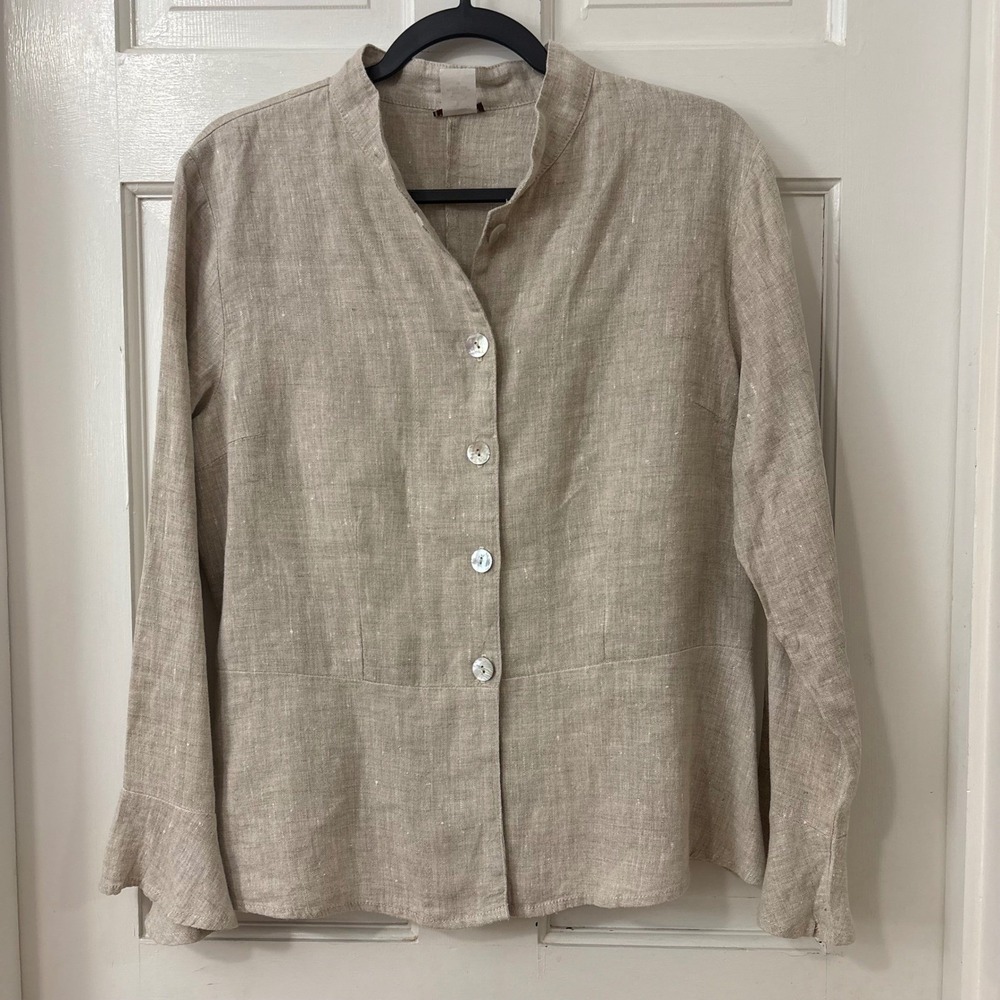 Match Point Mandarin Collar Linen Top Shacket M Coastal Minimalist Capsule Chic